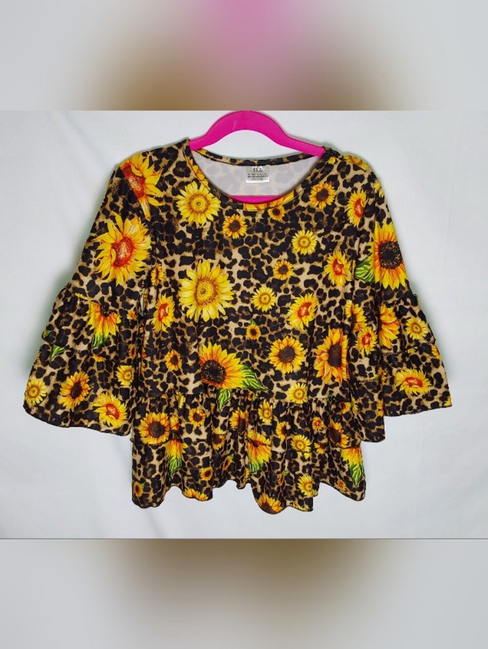 Sunflower & Leopard Peplum Top - Yellow Brown